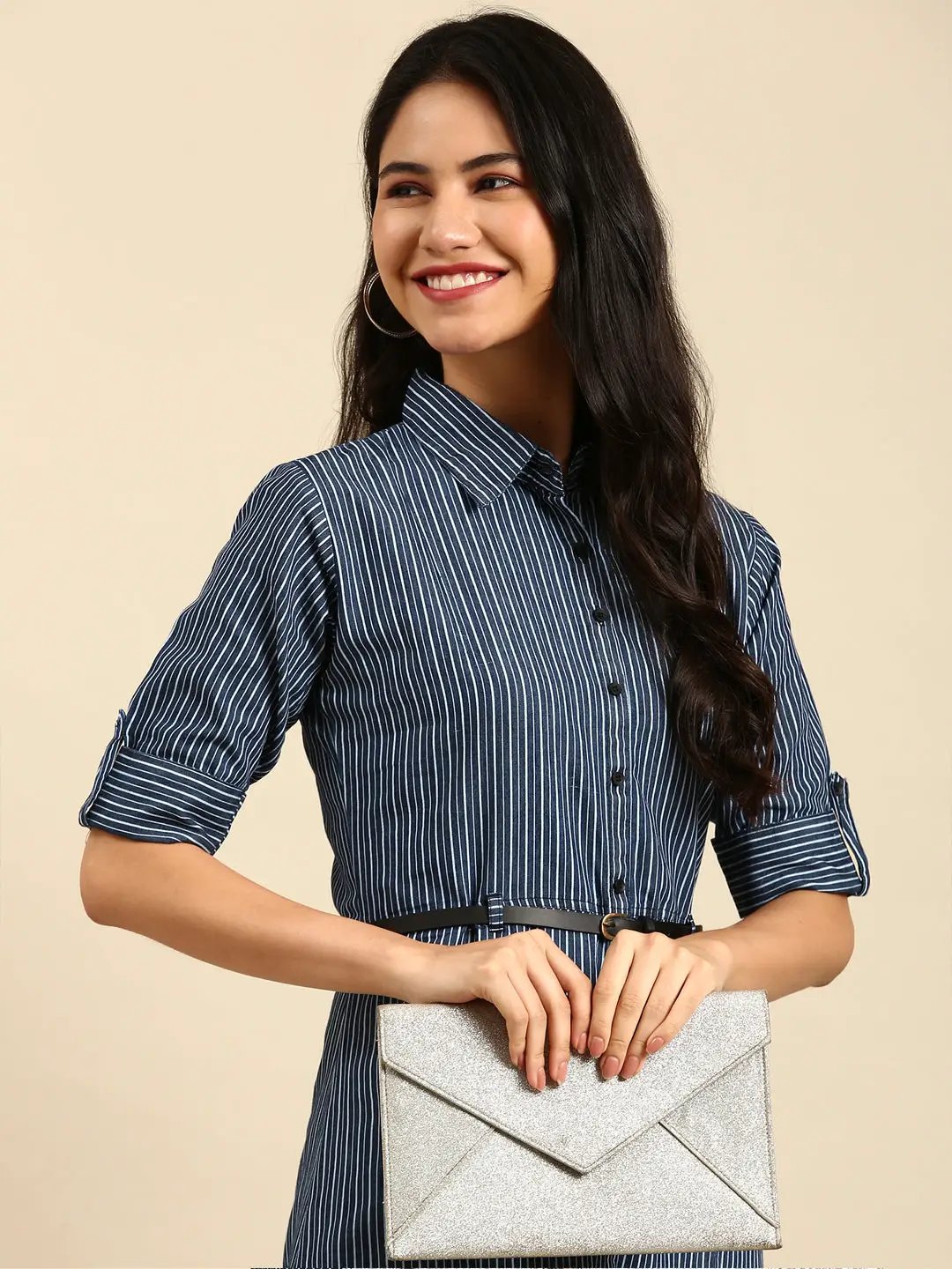 Women's Blue Striped A-Line Kurta
