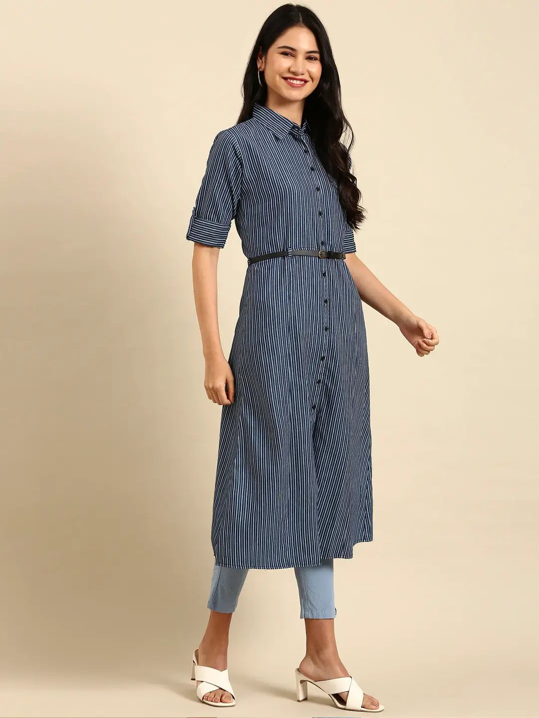 Women's Blue Striped A-Line Kurta