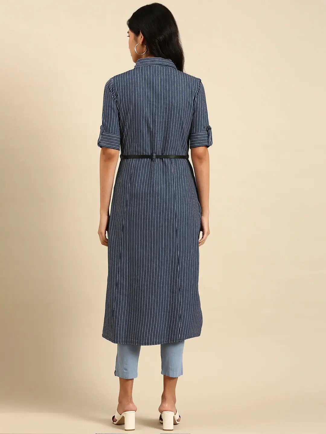 Women's Blue Striped A-Line Kurta