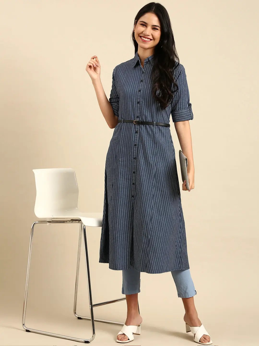 Women's Blue Striped A-Line Kurta