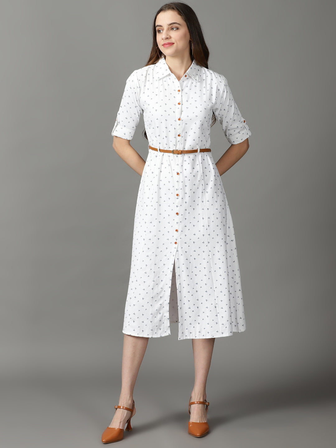 Women's White Printed A-Line Dress