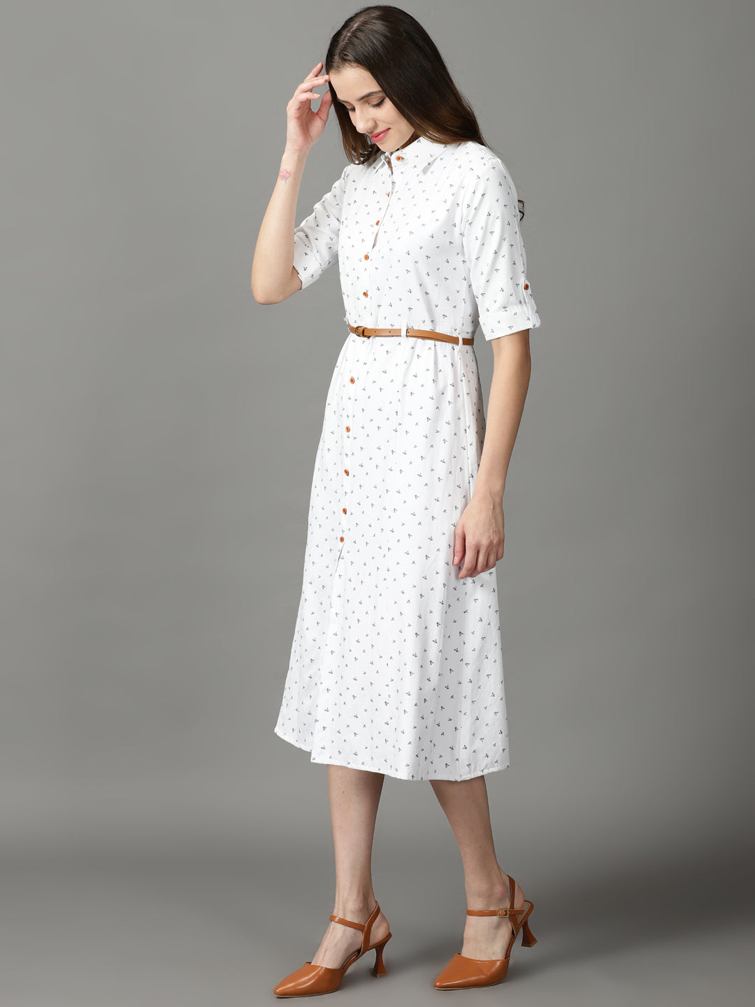 Women's White Printed A-Line Dress