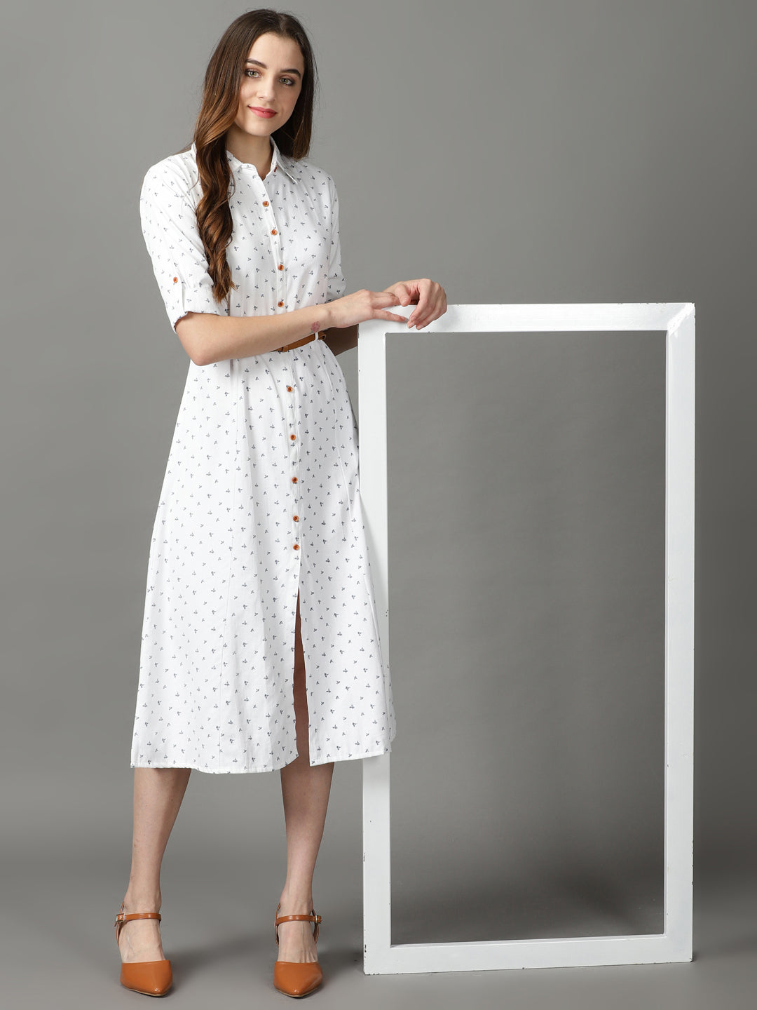 Women's White Printed A-Line Dress