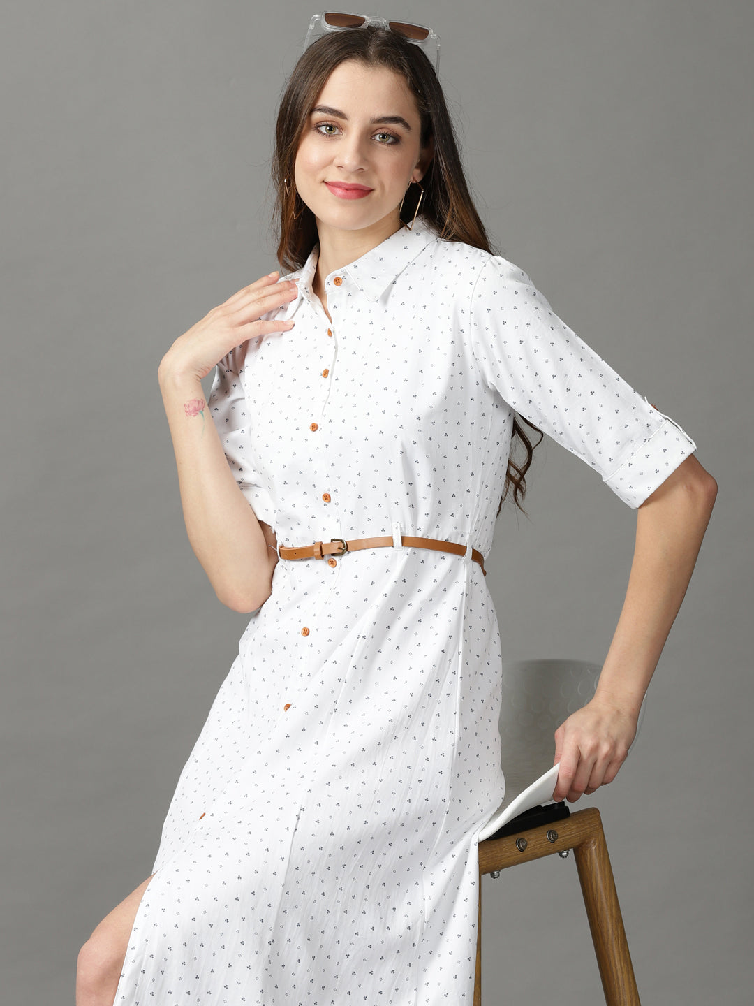 Women's White Printed A-Line Dress