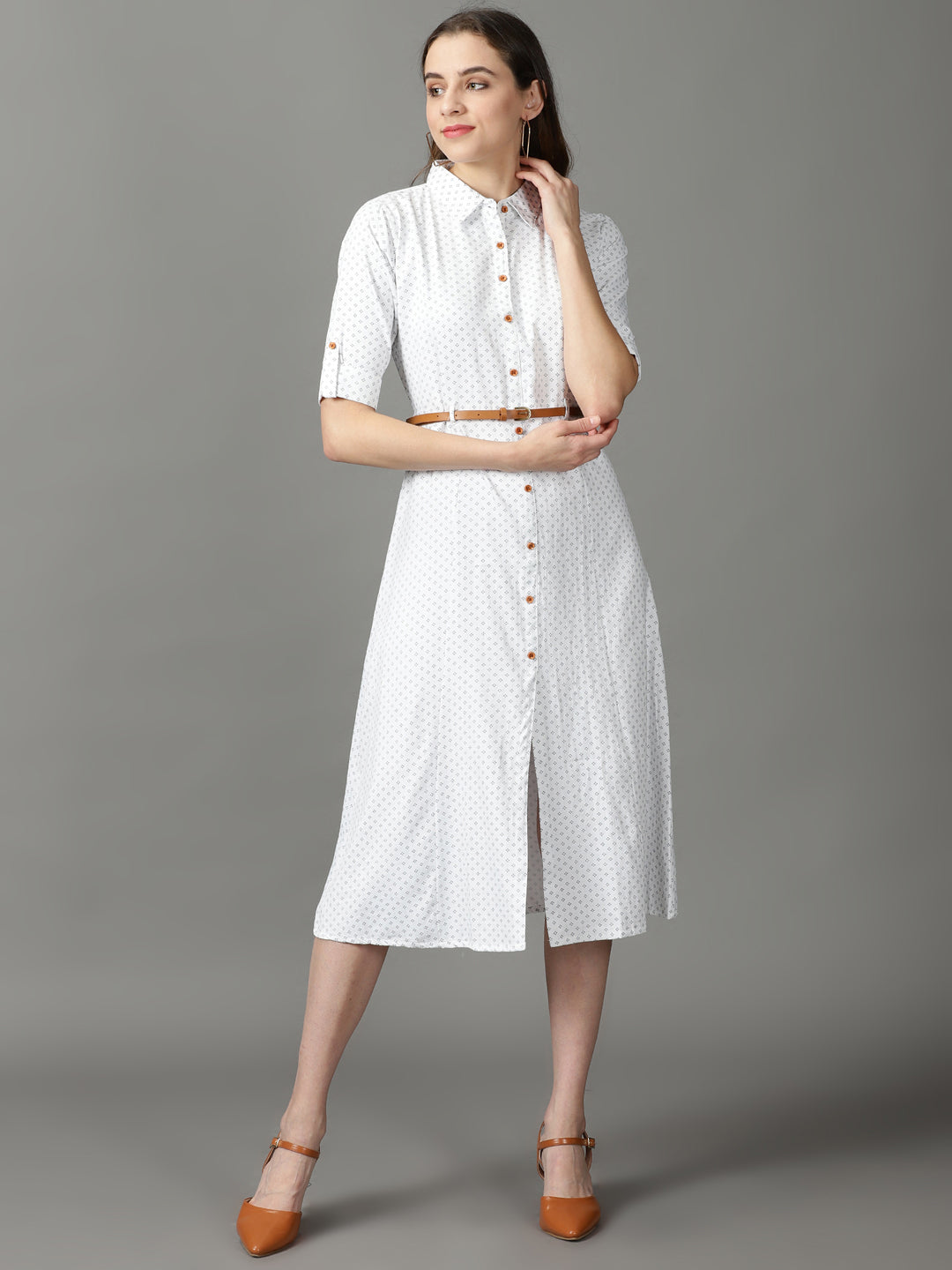 Women's White Printed A-Line Dress