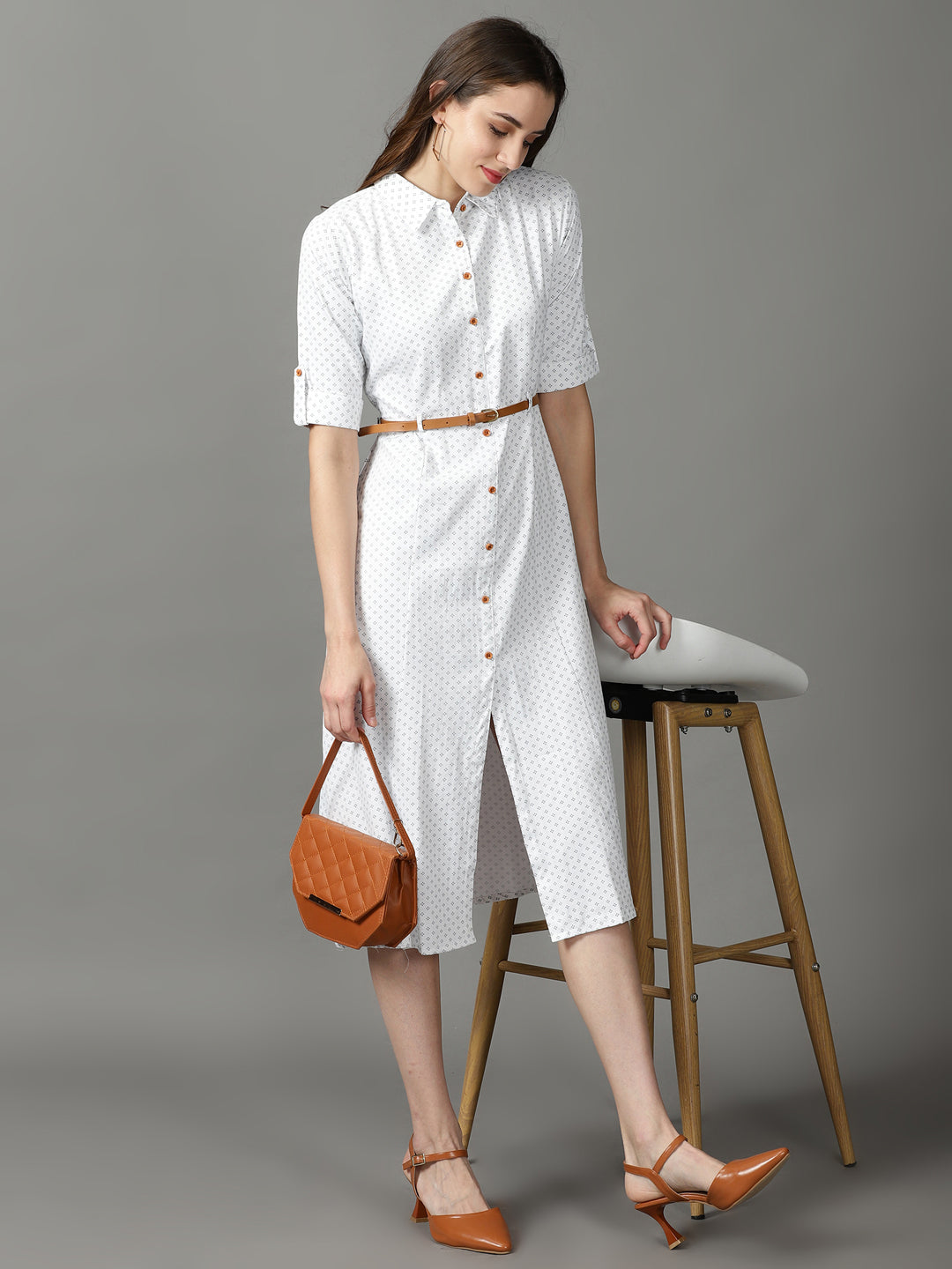 Women's White Printed A-Line Dress