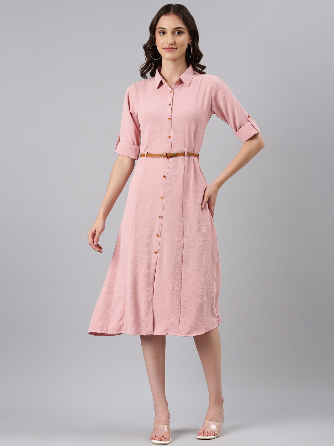 Women Peach Solid Shirt Dress