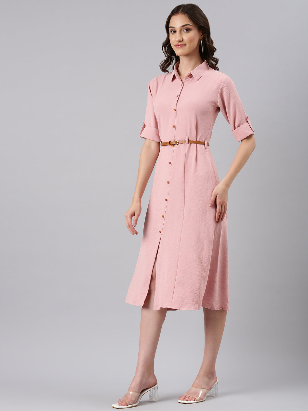 Women Peach Solid Shirt Dress