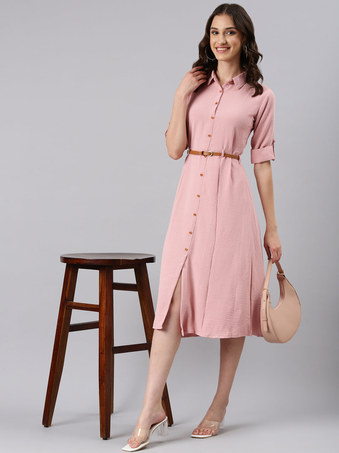 Women Peach Solid Shirt Dress