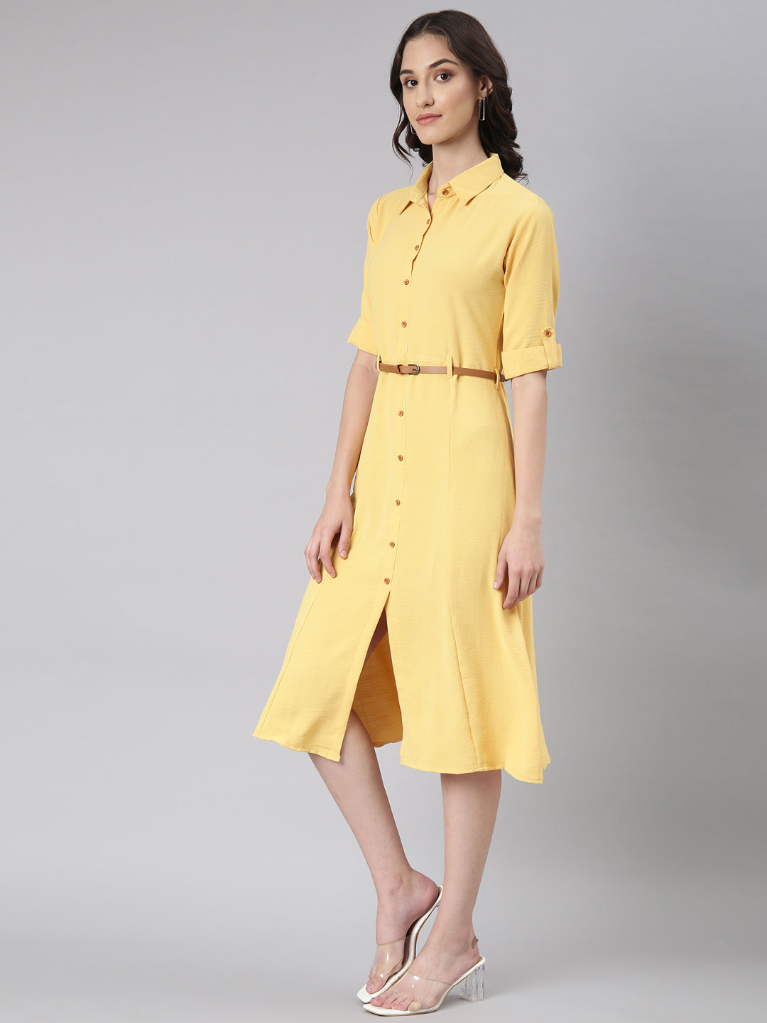 Women Yellow Solid Shirt Dress