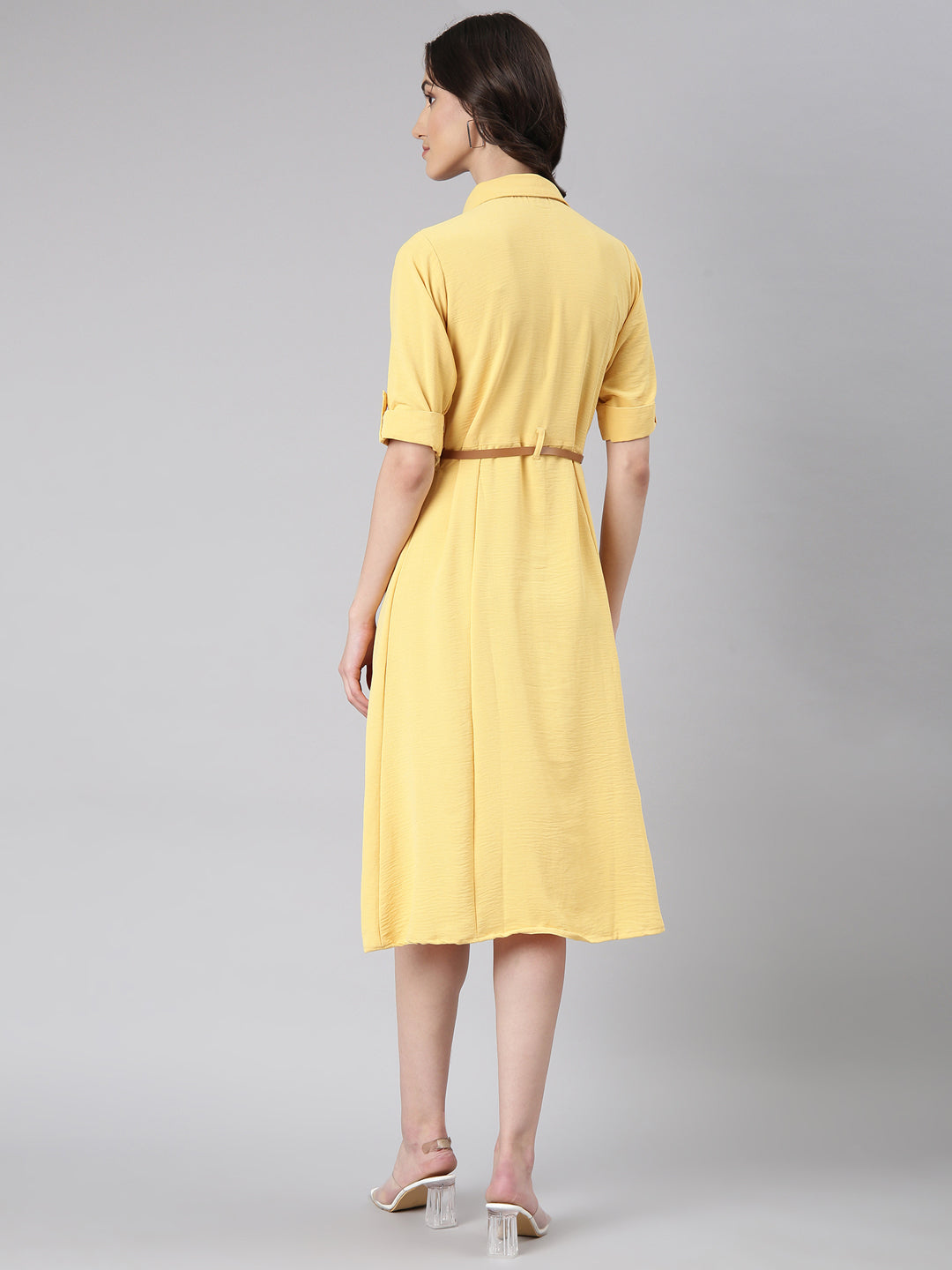 Women Yellow Solid Shirt Dress