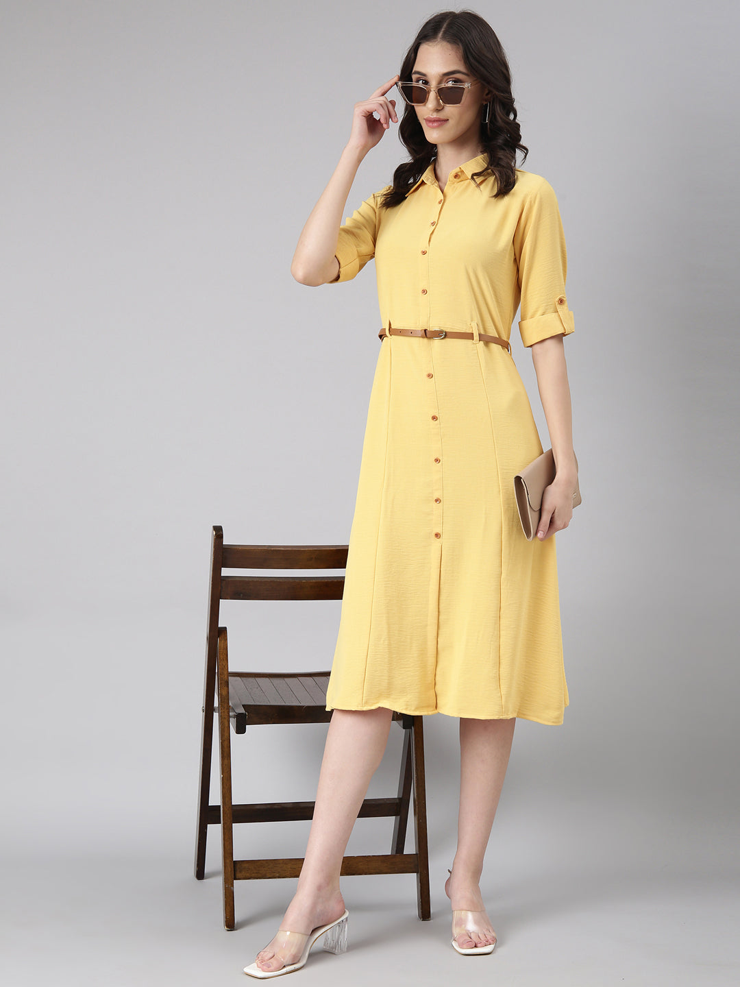 Women Yellow Solid Shirt Dress