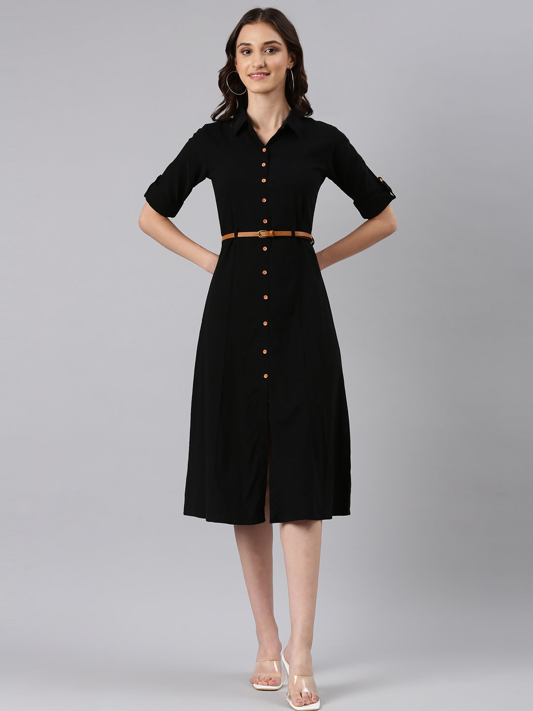 Women Black Solid Shirt Dress