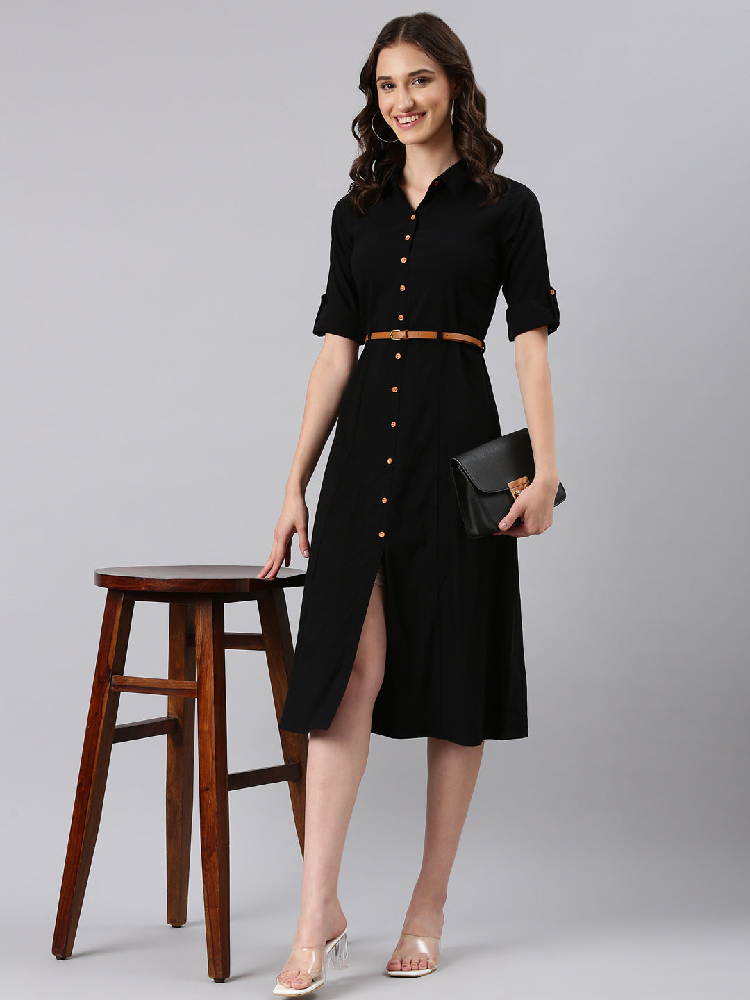 Women Black Solid Shirt Dress