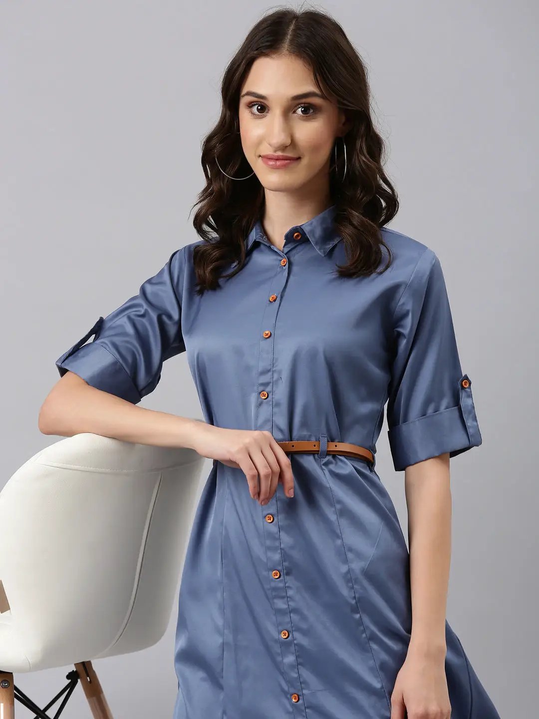 Shop Women's Blue Roll-Up Sleeves Shirt Collar Satin Belted Shirt Midi Dress| Showoffff Shop Women's Blue Roll-Up Sleeves Shirt Collar Satin Belted Shirt Midi Dress| Showoffff
