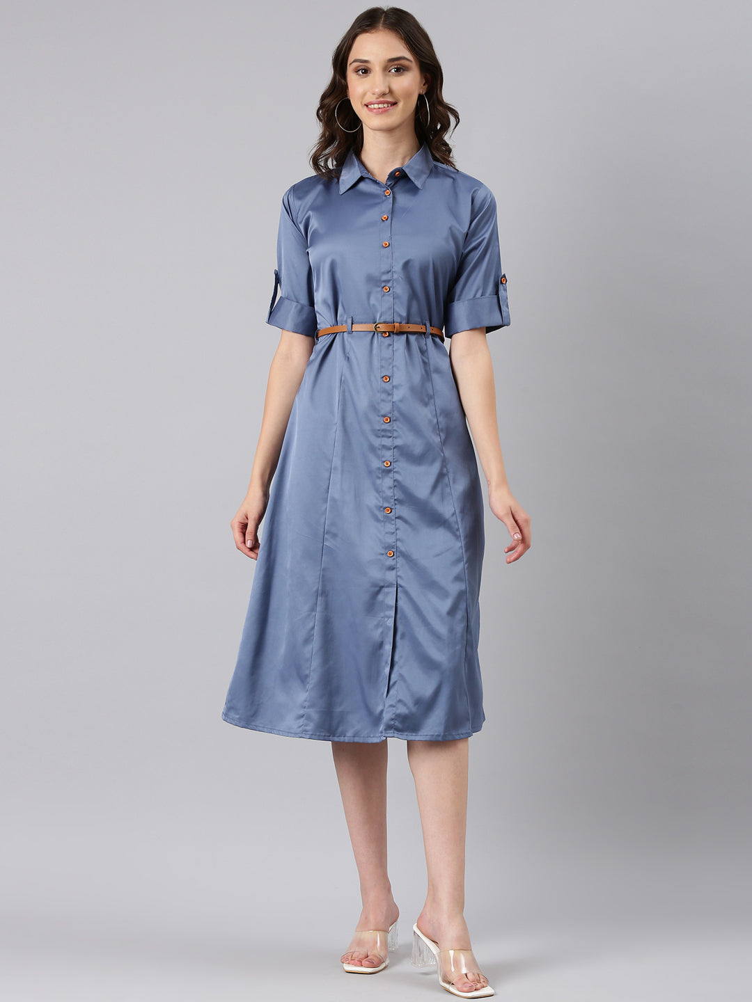 Women Blue Solid Shirt Dress