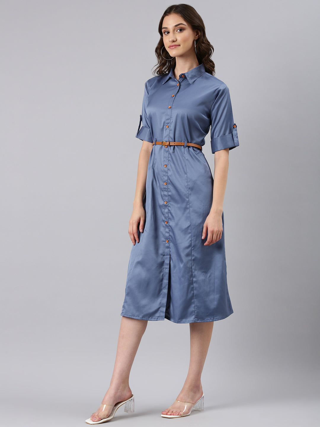 Women Blue Solid Shirt Dress