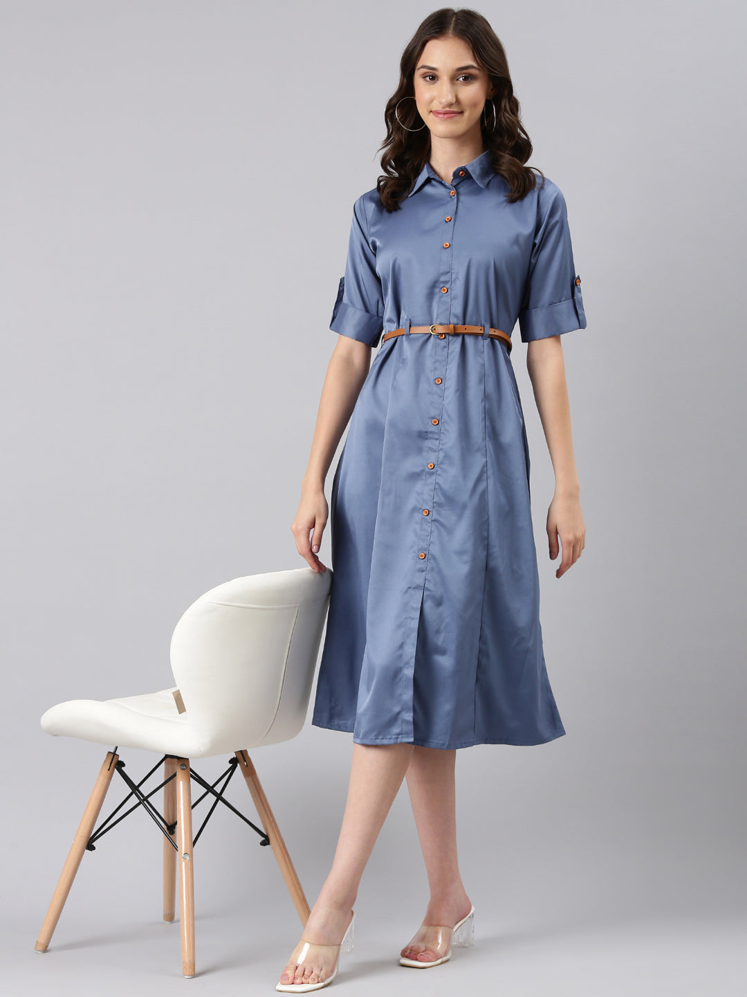 Women Blue Solid Shirt Dress