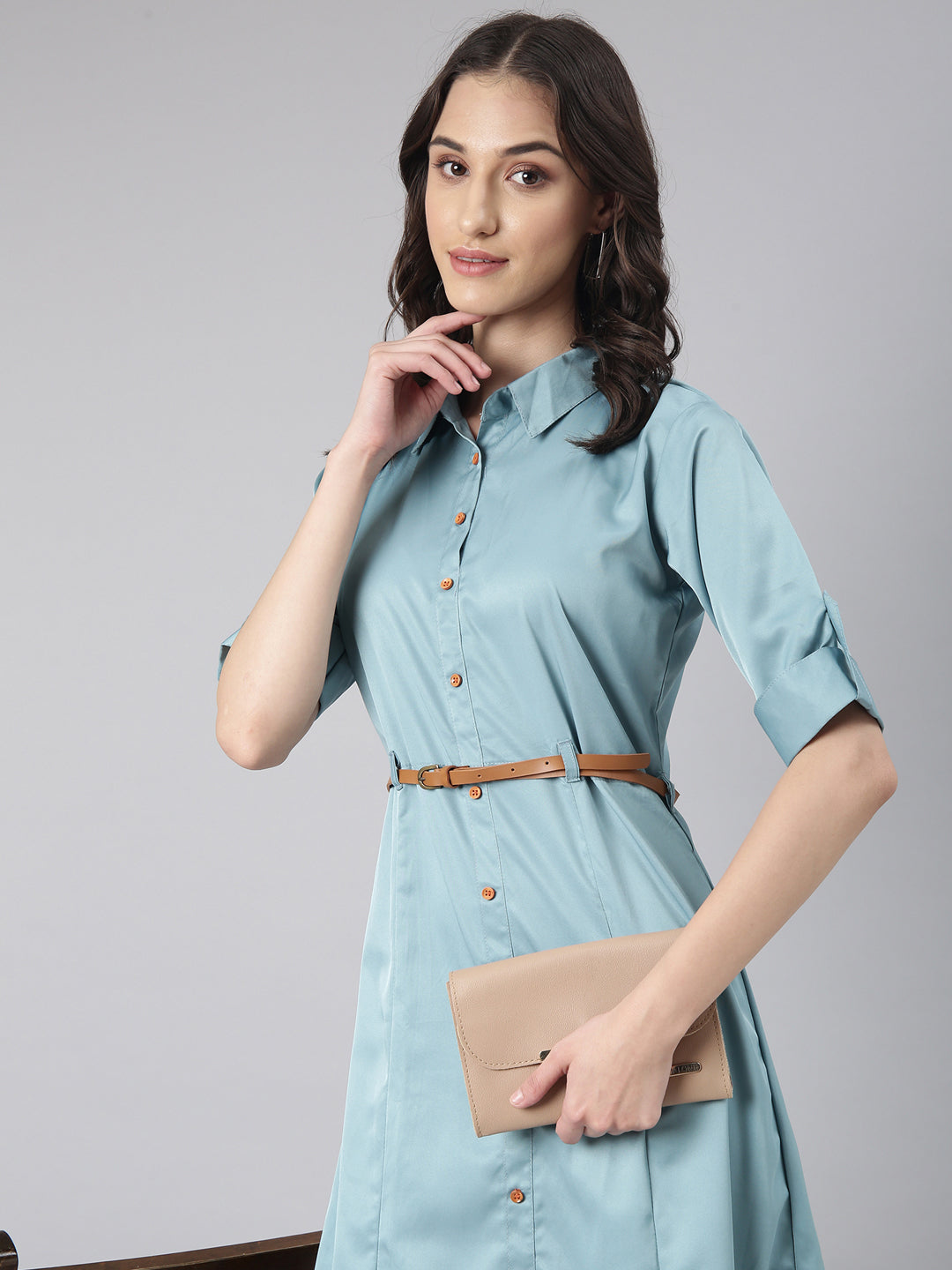 Women Teal Solid Shirt Dress