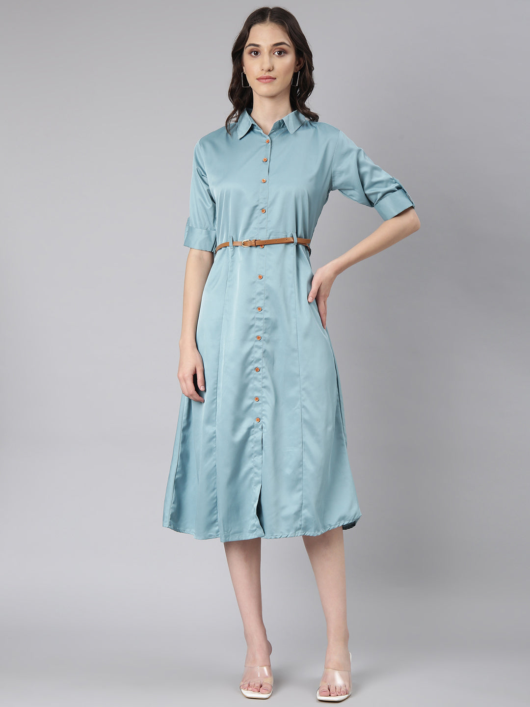 Women Teal Solid Shirt Dress