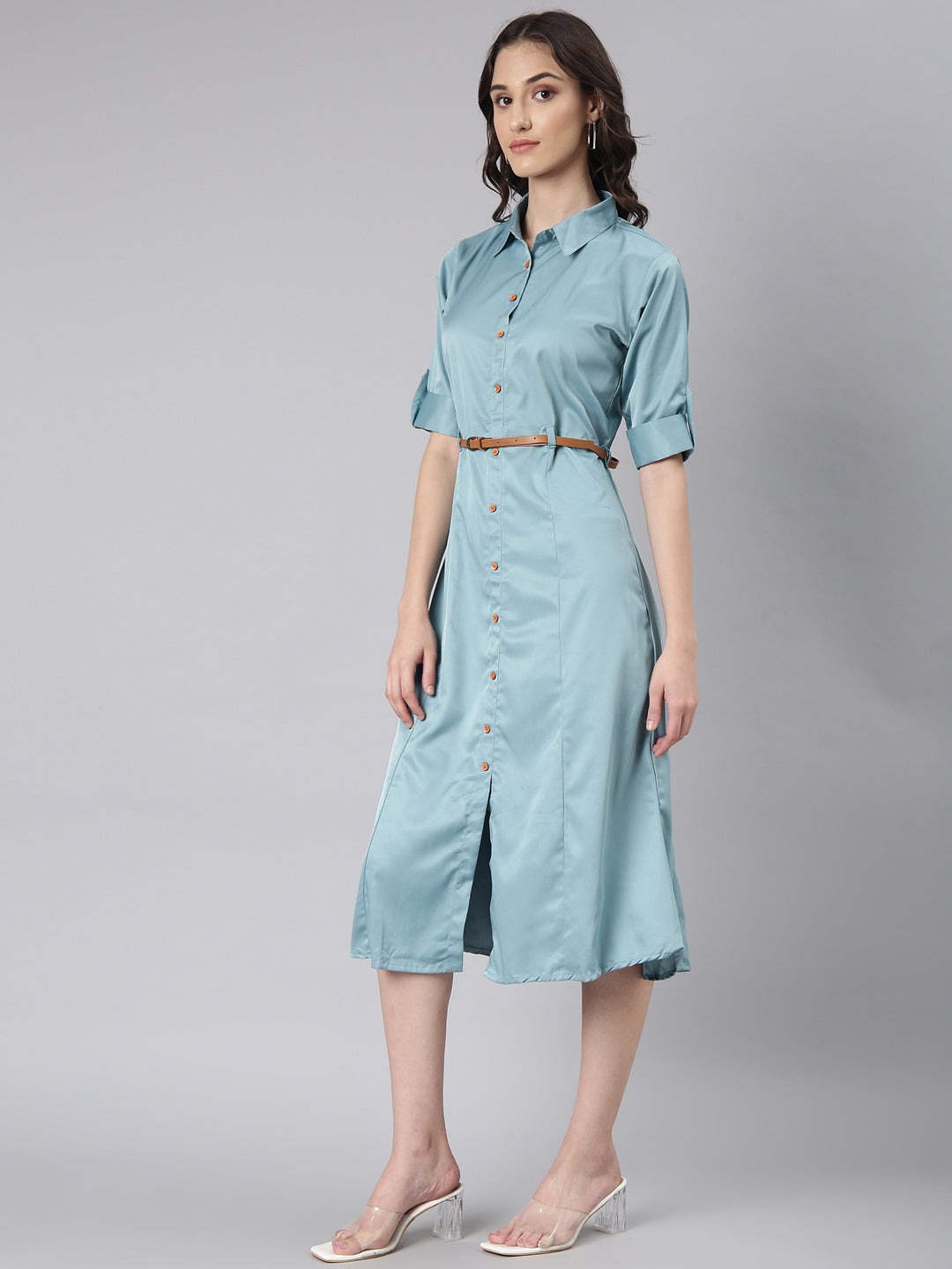 Women Teal Solid Shirt Dress