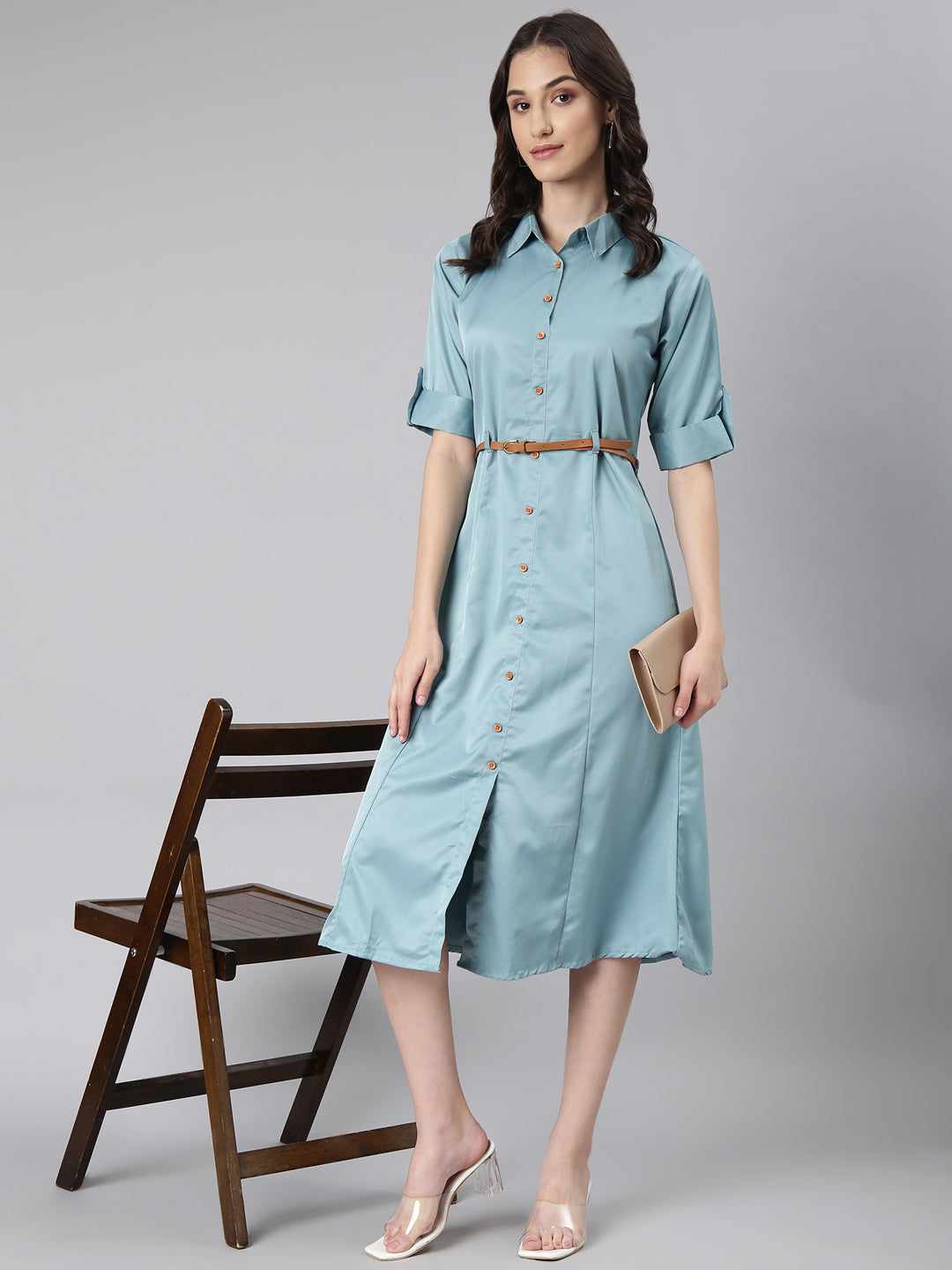 Women Teal Solid Shirt Dress