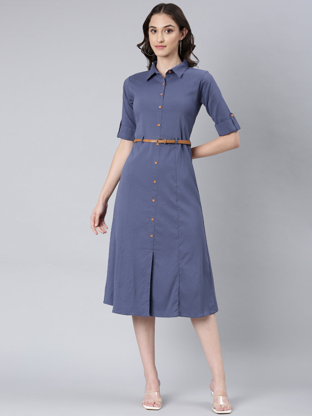 Women Blue Solid Shirt Dress