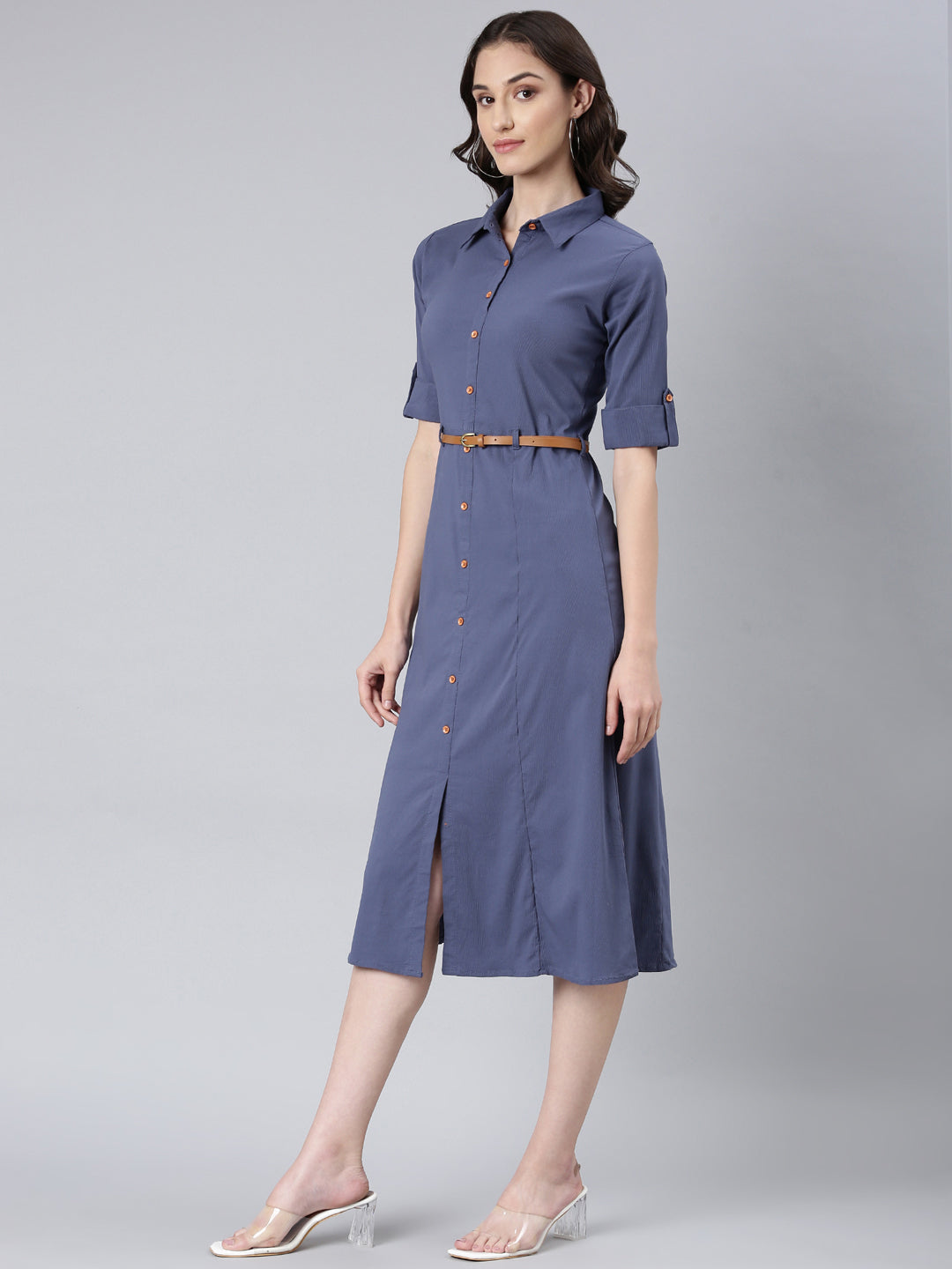 Women Blue Solid Shirt Dress