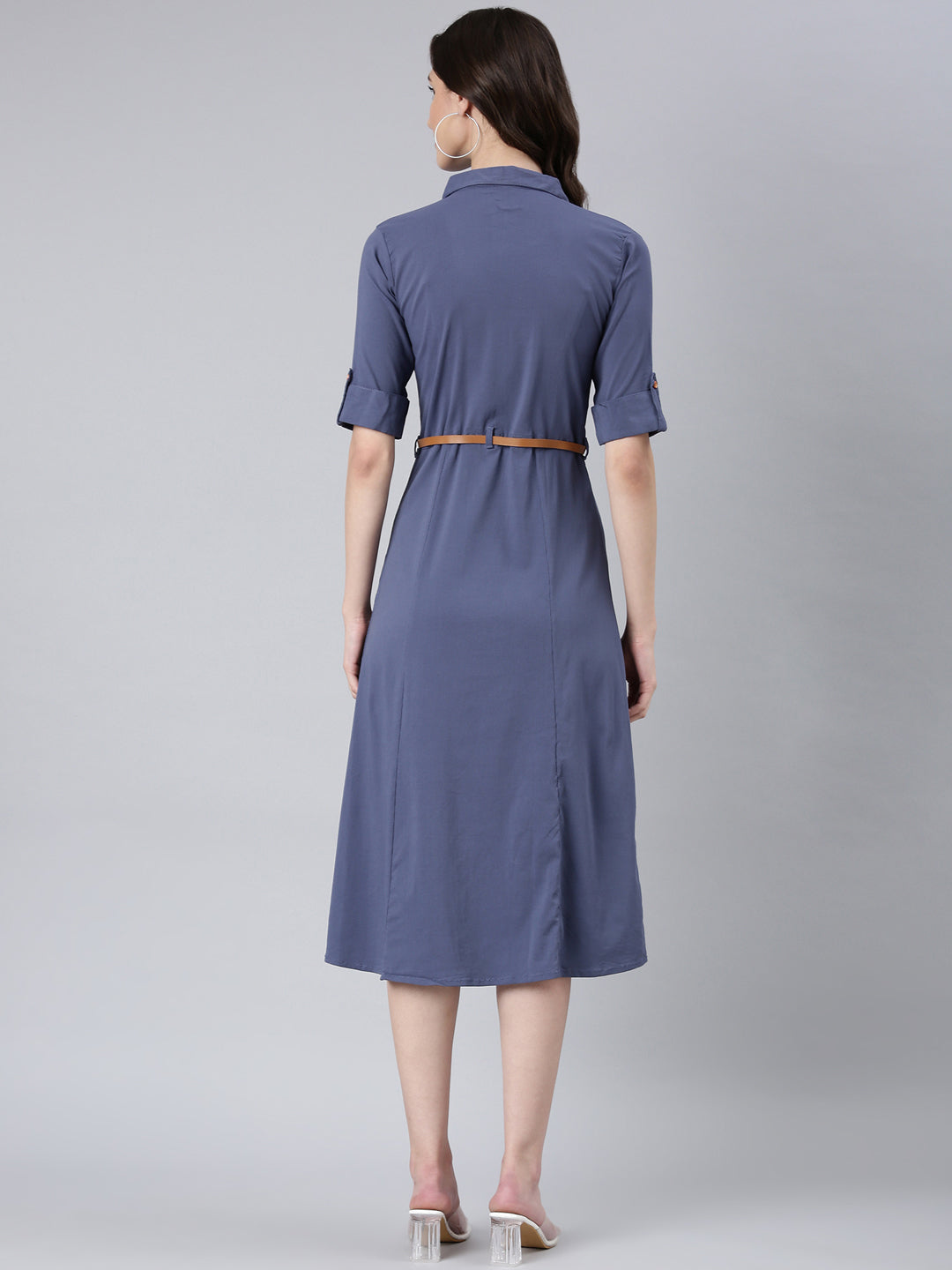 Women Blue Solid Shirt Dress