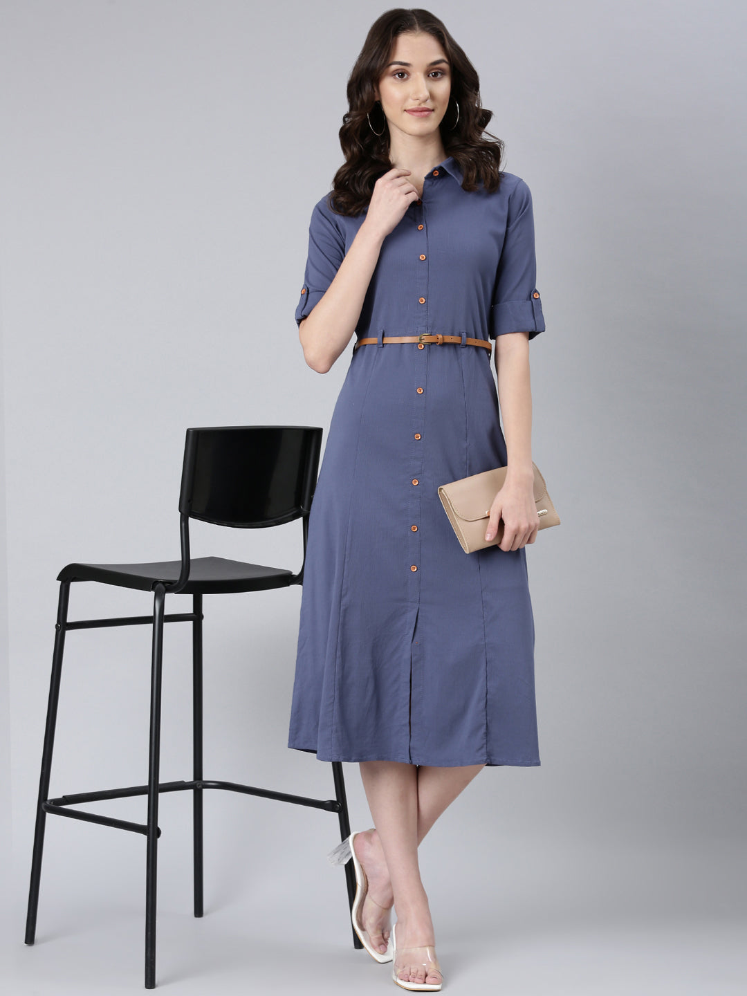 Women Blue Solid Shirt Dress