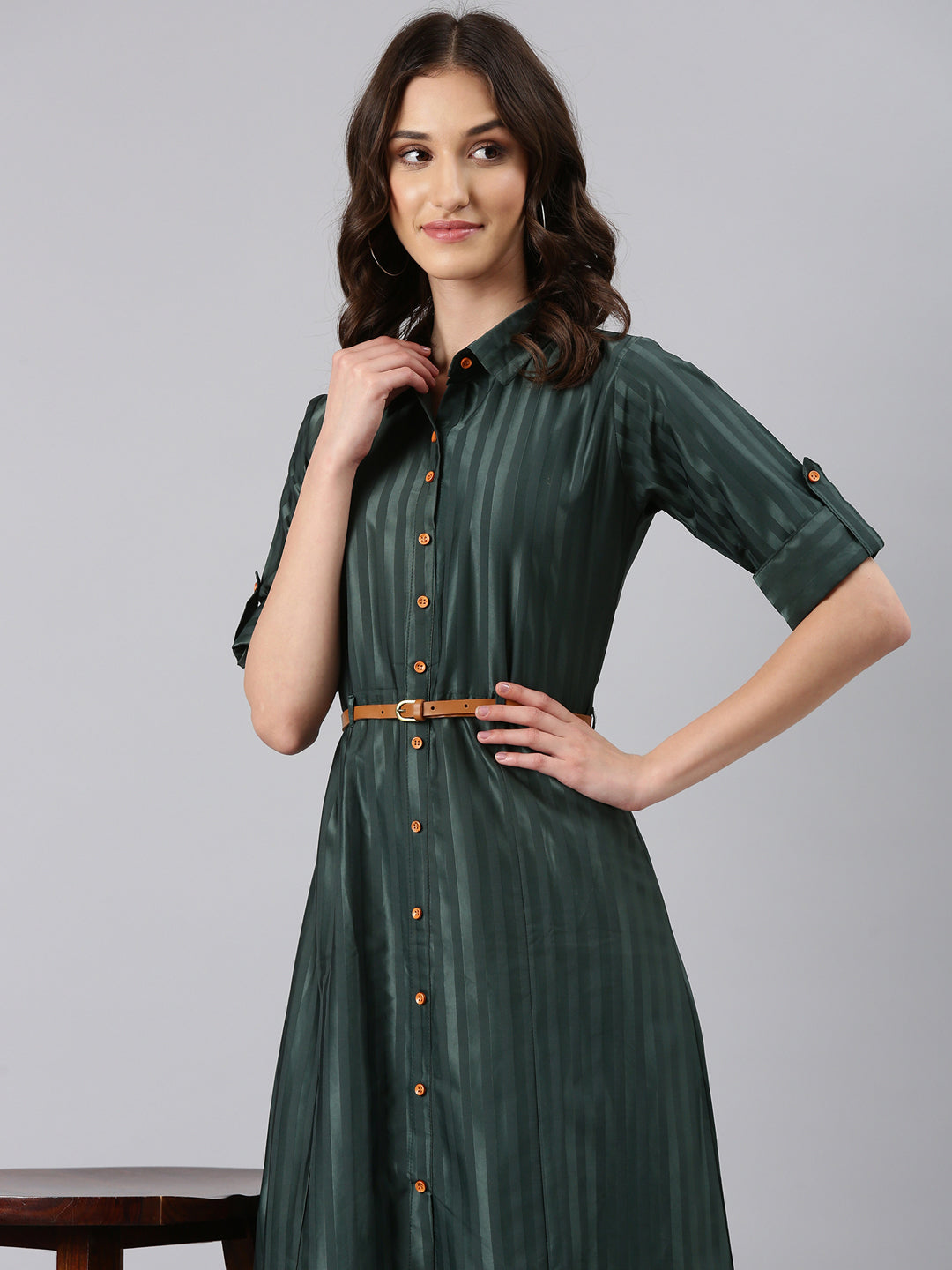 Women Olive Striped Shirt Dress