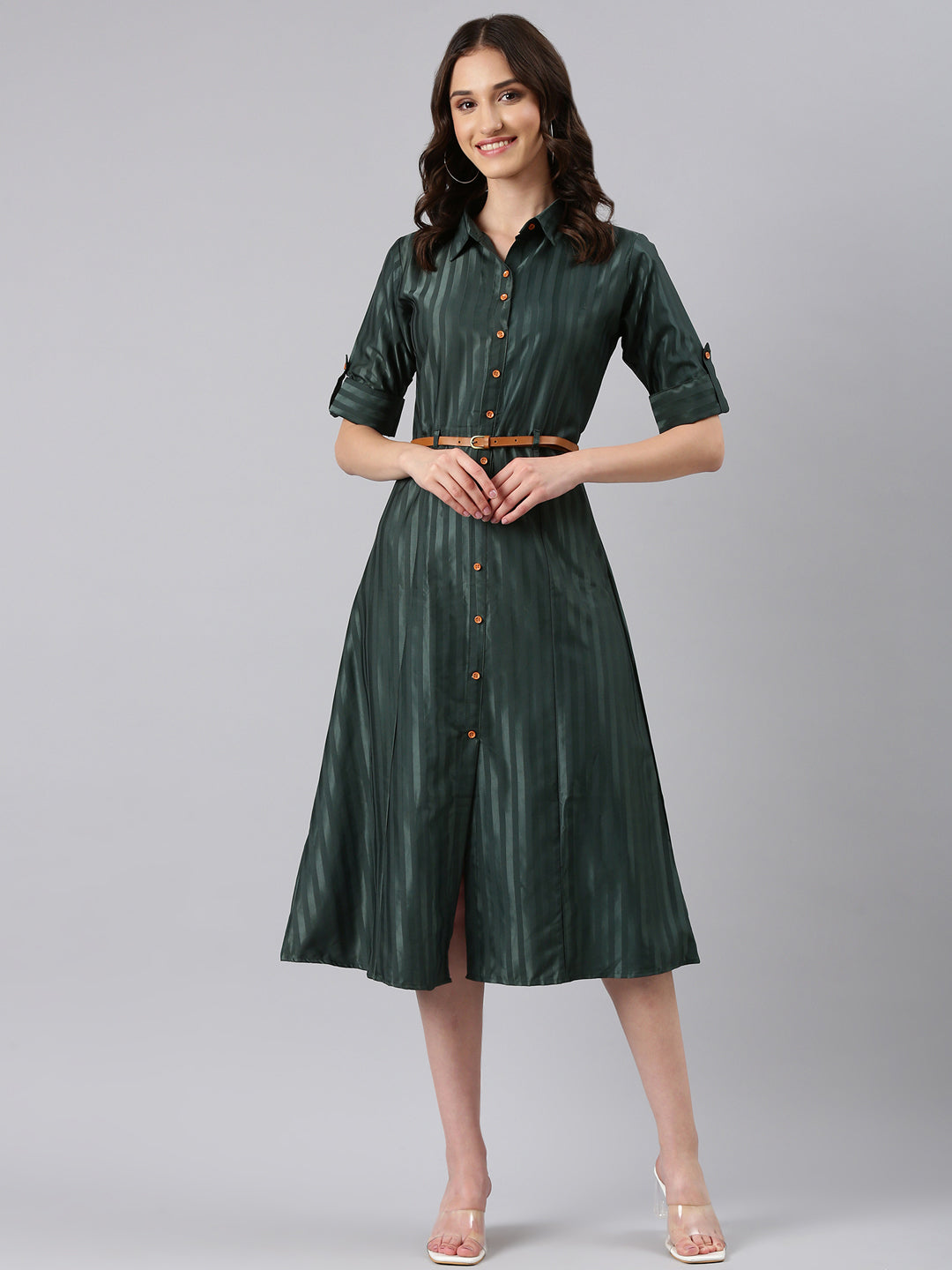 Women Olive Striped Shirt Dress