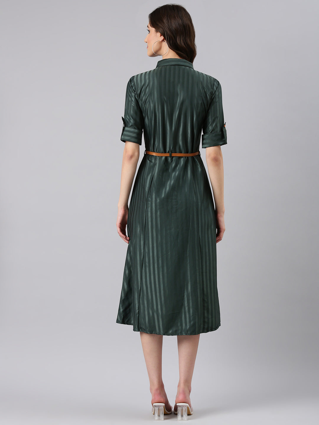 Women Olive Striped Shirt Dress