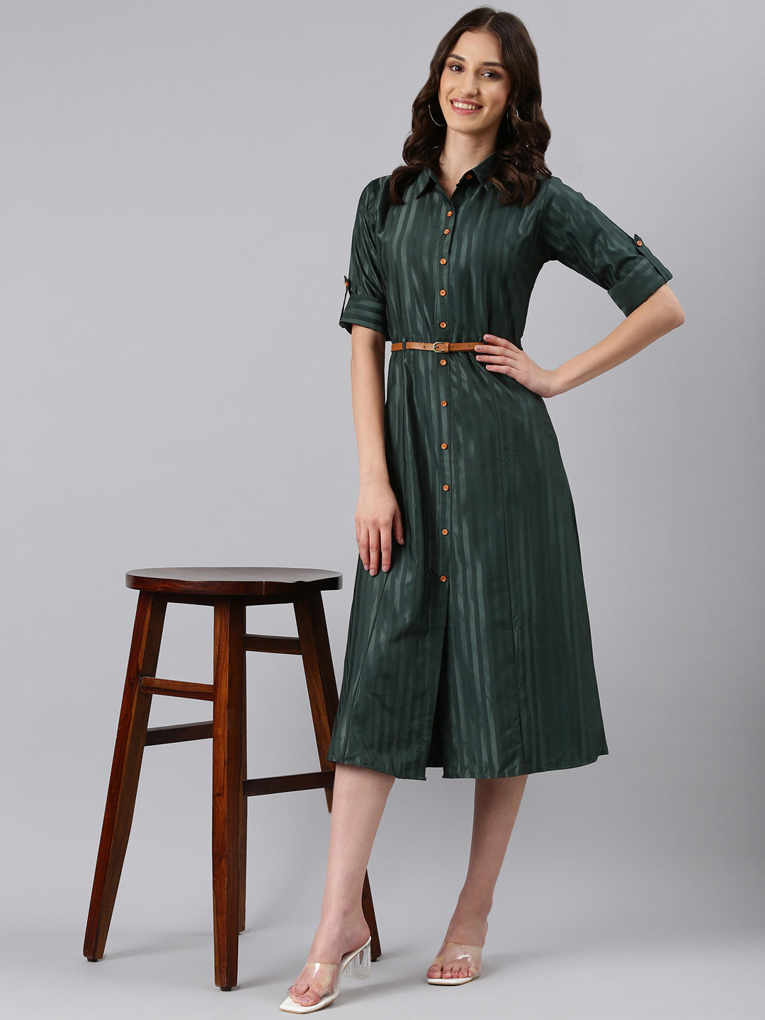 Women Olive Striped Shirt Dress