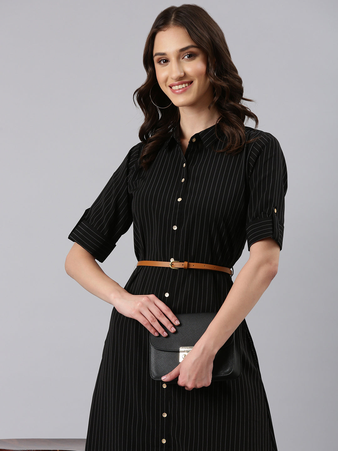 Women's Black Striped Shirt Dress