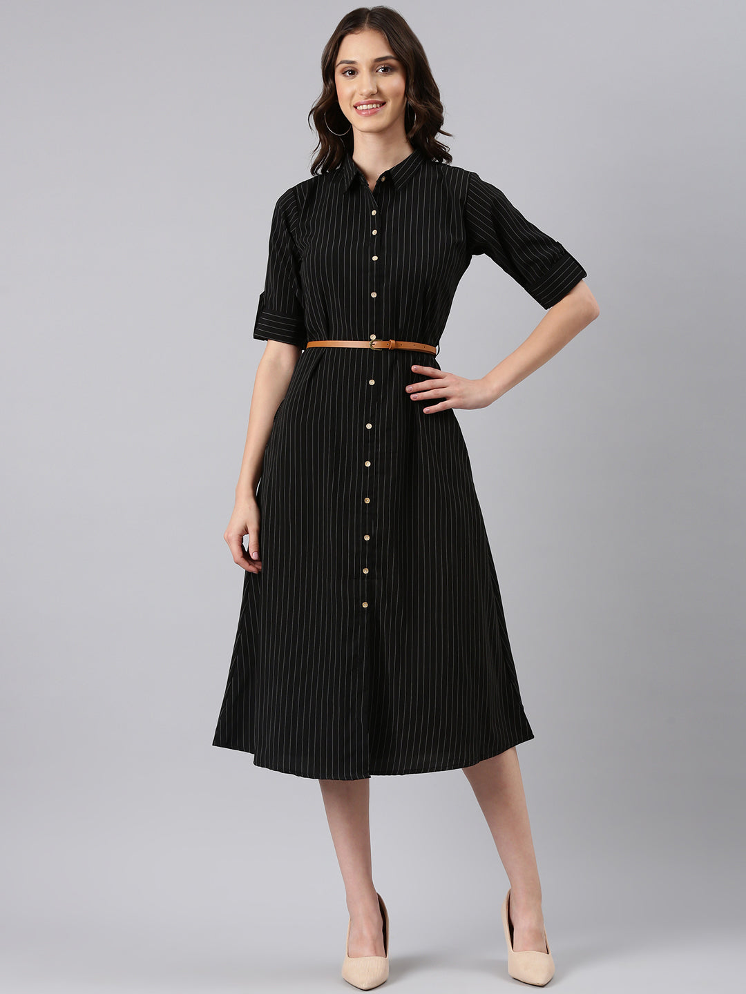 Women's Black Striped Shirt Dress