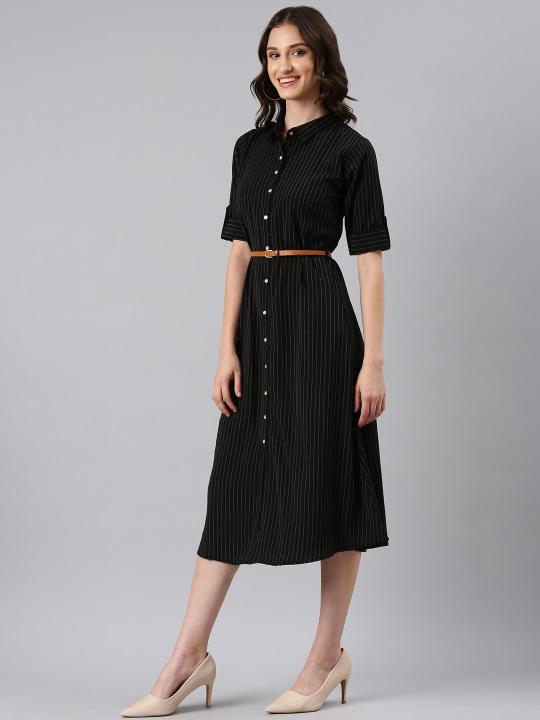 Women's Black Striped Shirt Dress