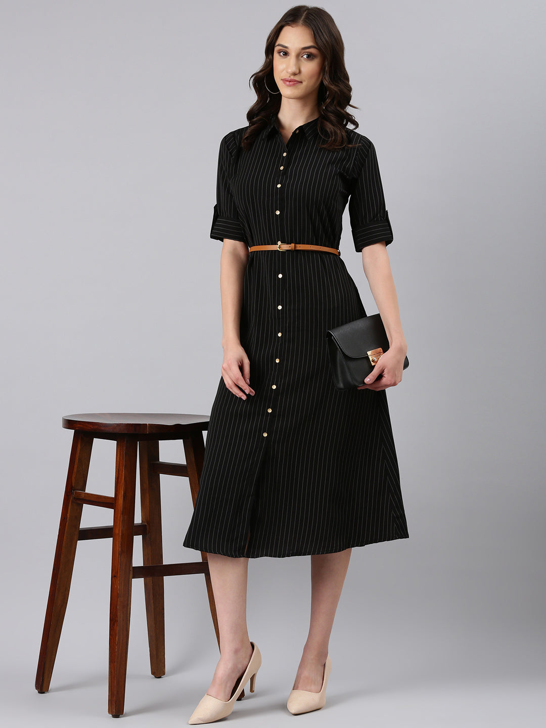 Women's Black Striped Shirt Dress