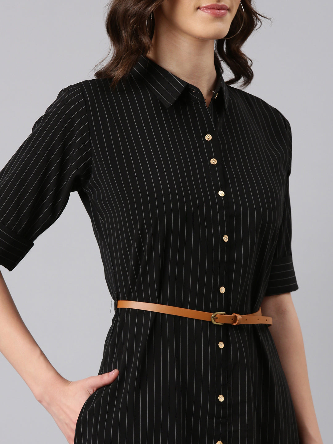 Women's Black Striped Shirt Dress