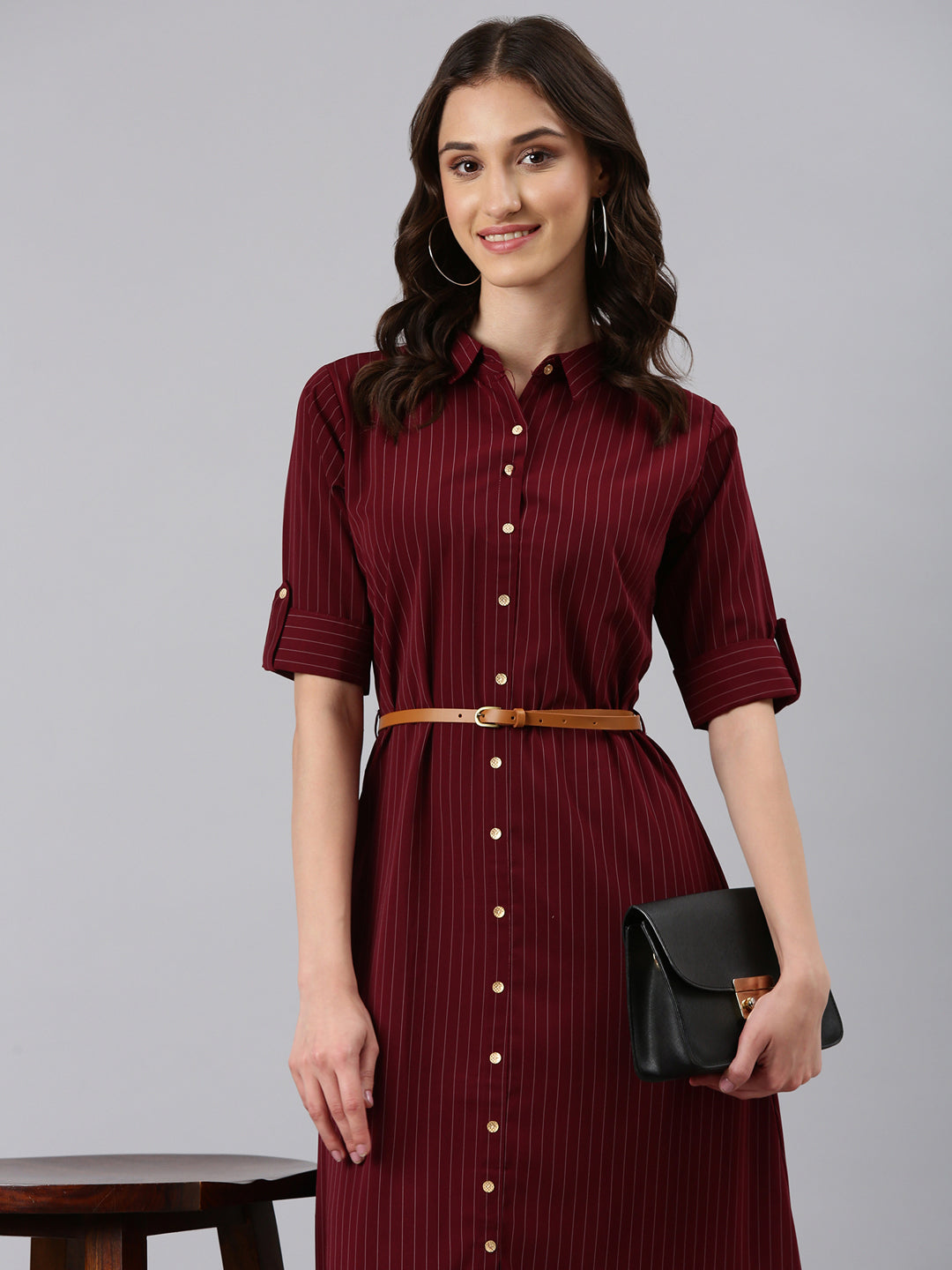 Women Maroon Striped Shirt Dress