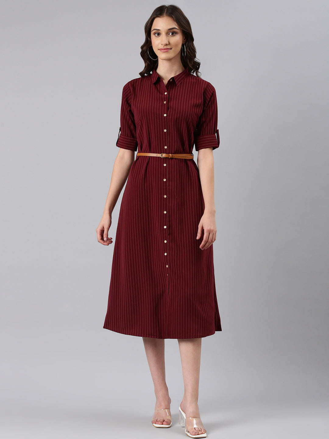 Women Maroon Striped Shirt Dress