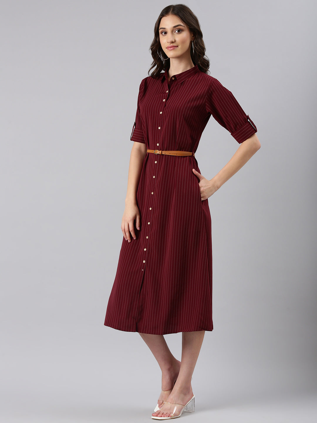 Women Maroon Striped Shirt Dress