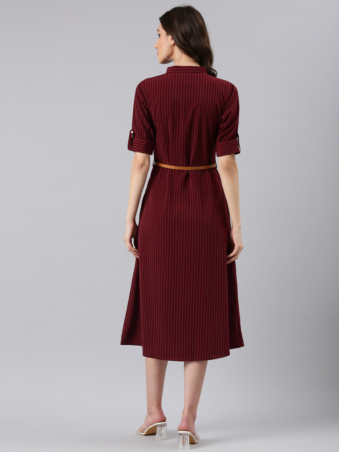 Women Maroon Striped Shirt Dress