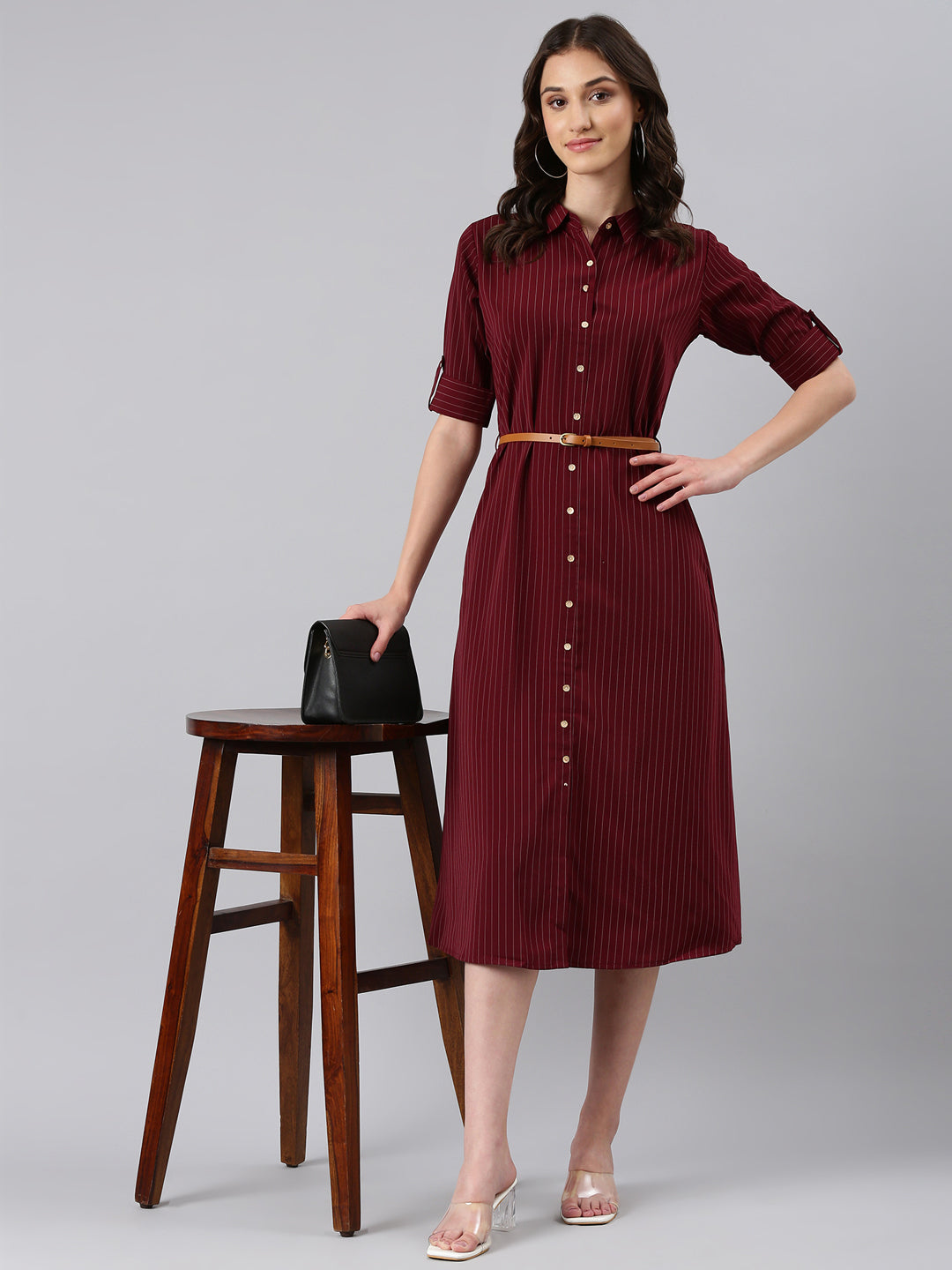 Women Maroon Striped Shirt Dress