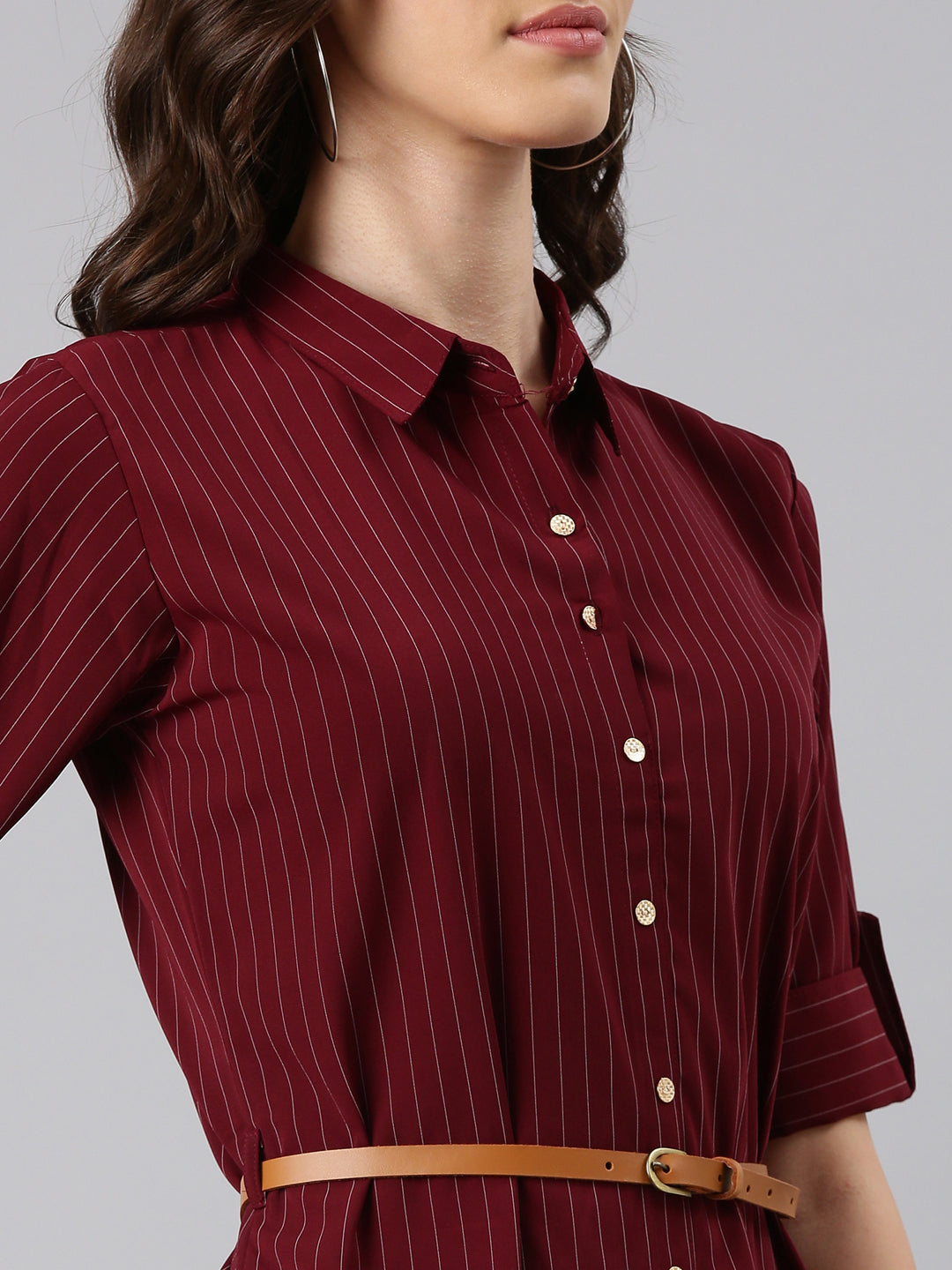 Women Maroon Striped Shirt Dress