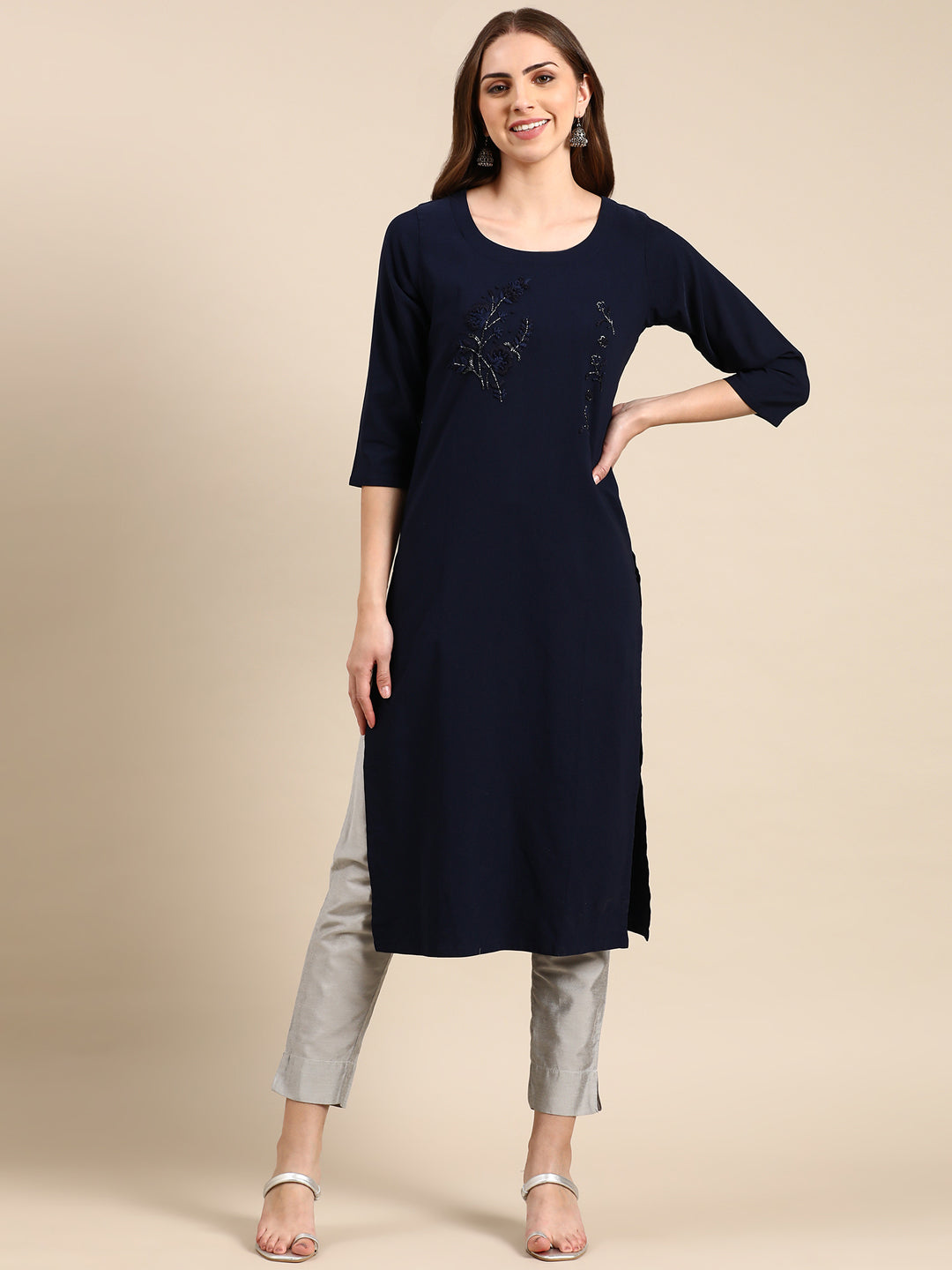 Women's Navy Blue Embroidered Straight Kurta