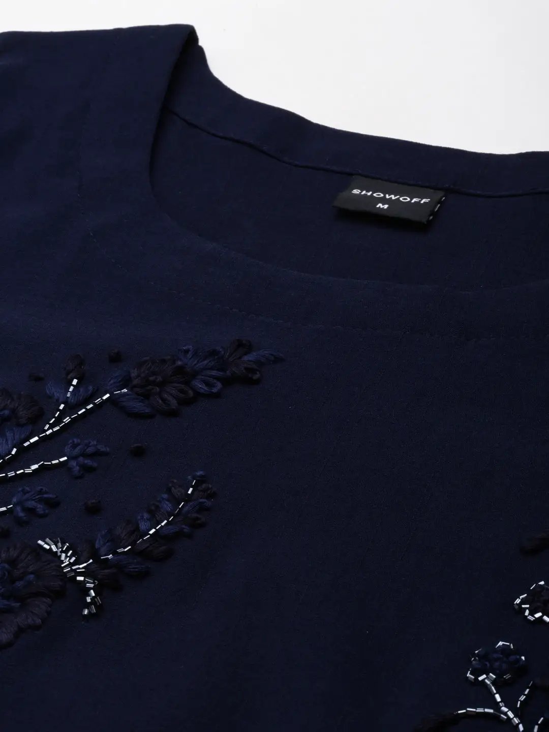 Women's Navy Blue Embroidered Straight Kurta