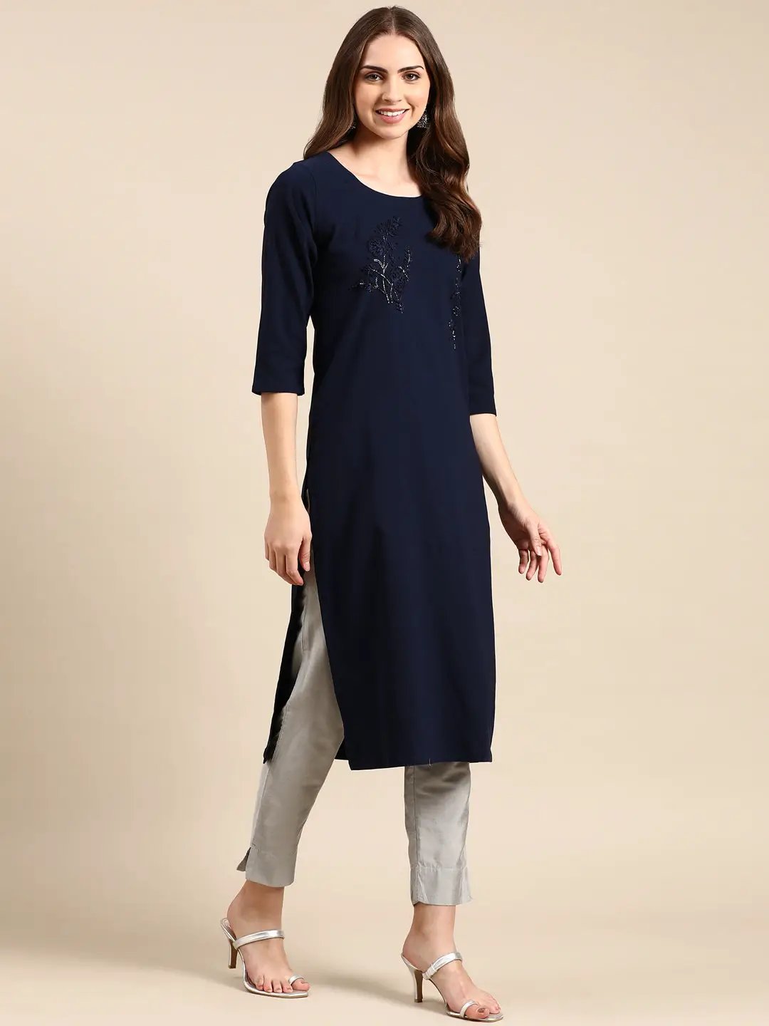 Women's Navy Blue Embroidered Straight Kurta