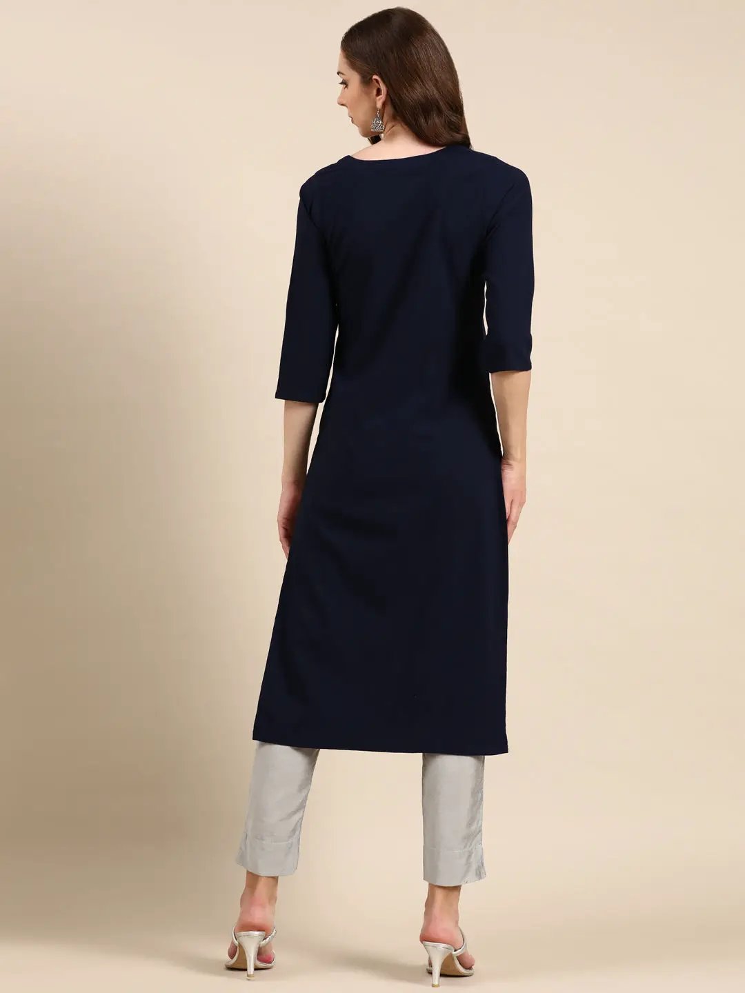 Women's Navy Blue Embroidered Straight Kurta