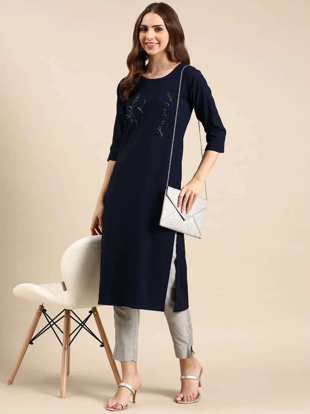Women's Navy Blue Embroidered Straight Kurta